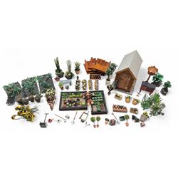 1:12 scale dolls house allotment and garden accessories, including wooden shed on a stone effect base, two vegetable patches, terracotta plant pots with flowers and foliage, stone effect plant pots, other planters, loose sunflowers, scarecrow, rabbit hutch, garden tools, fencing panels, etc 