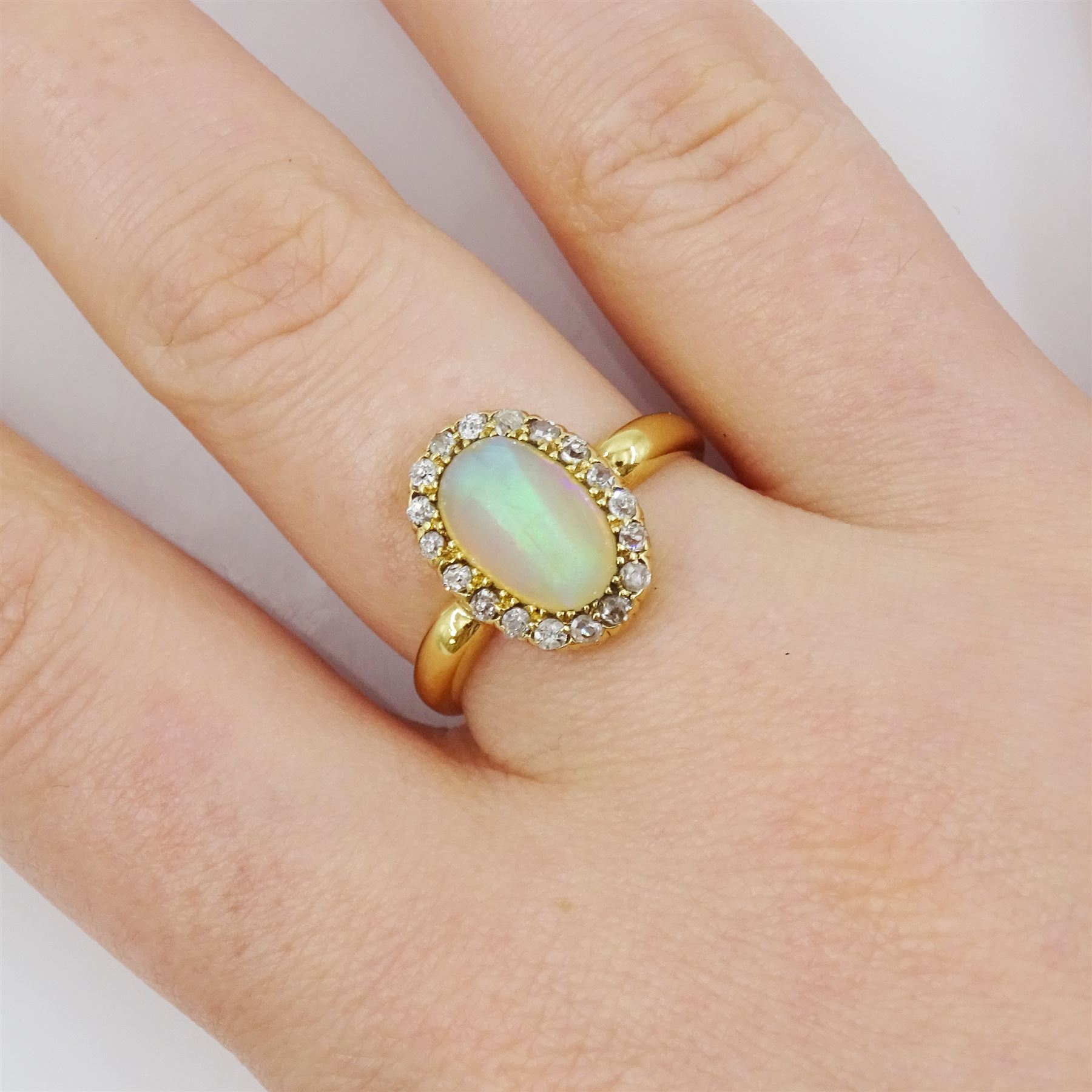 Victorian 18ct gold opal and old cut diamond cluster ring, Birmingham 1898