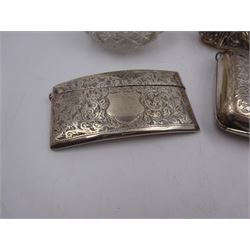 Group of Edwardian silver, to include purse, trinket box, card case, cut glass jar with silver lid and two cut glass bottles with silver collars, all hallmarked 