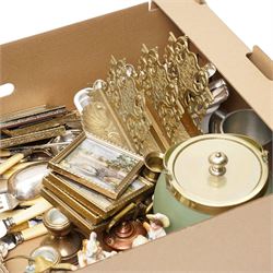 Collection of silver plated cutlery, silver candlesticks and pair of silver sugar tongues, brassware, jasperware biscuit barrel, set of miniature pictures, etc 