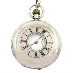 Victorian silver half hunter keyless lever pocket watch by Arthur Jack & Co, Cheltenham, No. 28881, white enamel dial with Roman numeral hour markers and subsidiary seconds dial, case by Errington Watch Company, Birmingham 1898, on silver Albert chain by Edwin Page, Chester 1904 with additional silver case
