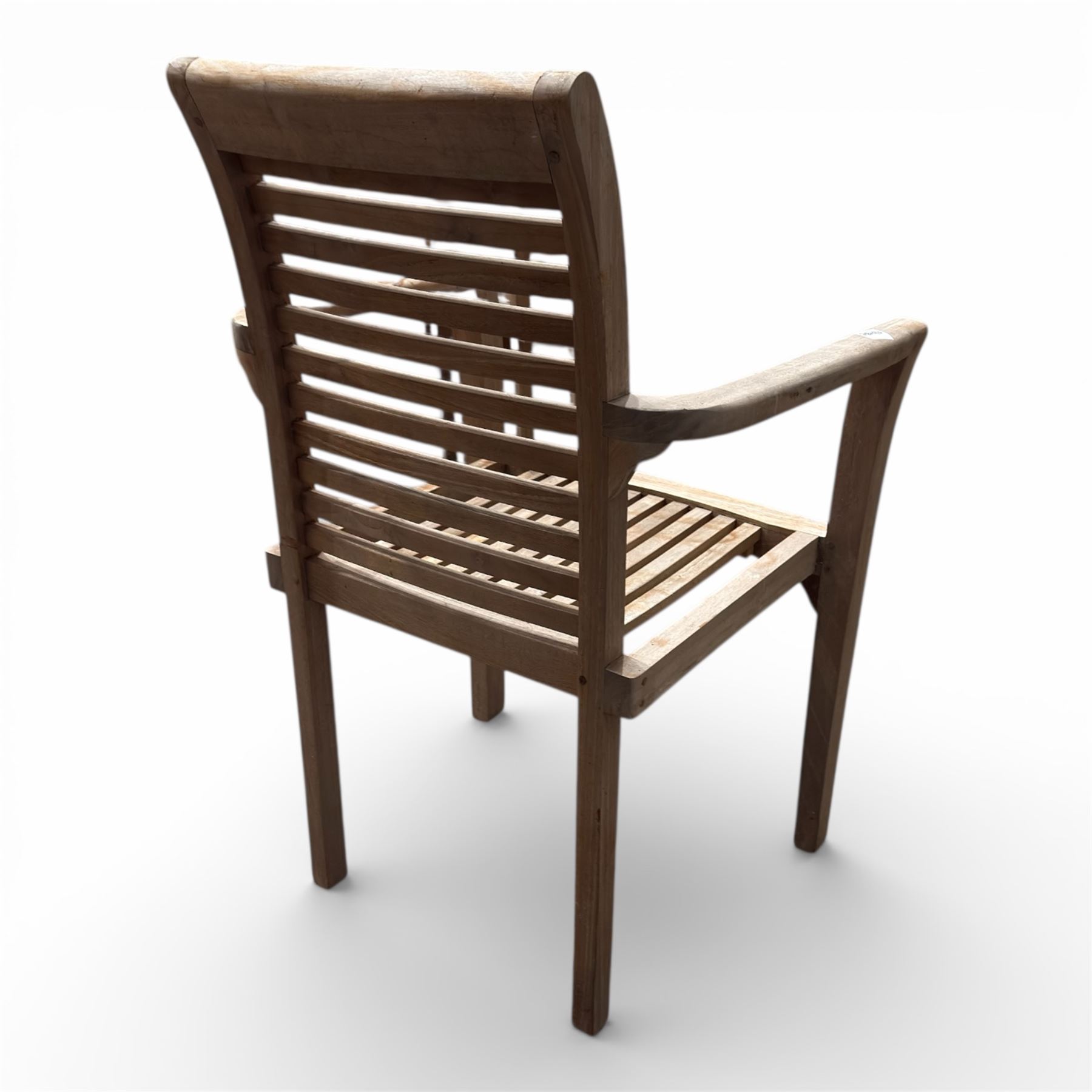 Set of four teak high back slatted garden chairs