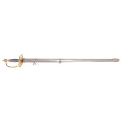 British heavy cavalry officer's sword, 1796 pattern by Thomas Osborn, the 82cm straight double edged blade with central fuller engraved to both sides, with gilded brass boat shaped guard, grip of silver foil over wooden former, within a steel scabbard with twin suspension rings, overall L106cm