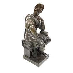  After the Antique: 'Lorenzo de' Medici' a bronze of a Roman soldier seated on a stone column, his head resting on his hand, overall brown patination, inscribed 'Barbedienne Fondeur' H74cm  