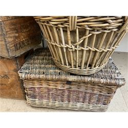 Two wicker baskets, three pine lidded bottle crates with quantity of glass bottles, comprising one with R.L. June & Co Ltd Mansfield black lettering and pair detailed Mandora Soft Drinks, Mappin & Webb blue cardboard box and framed With the Colours Punch 1924 print, larger basket W60cm