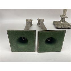 Pair of Corinthian column candlesticks, and a silver plated lamp, candlesticks H26cm