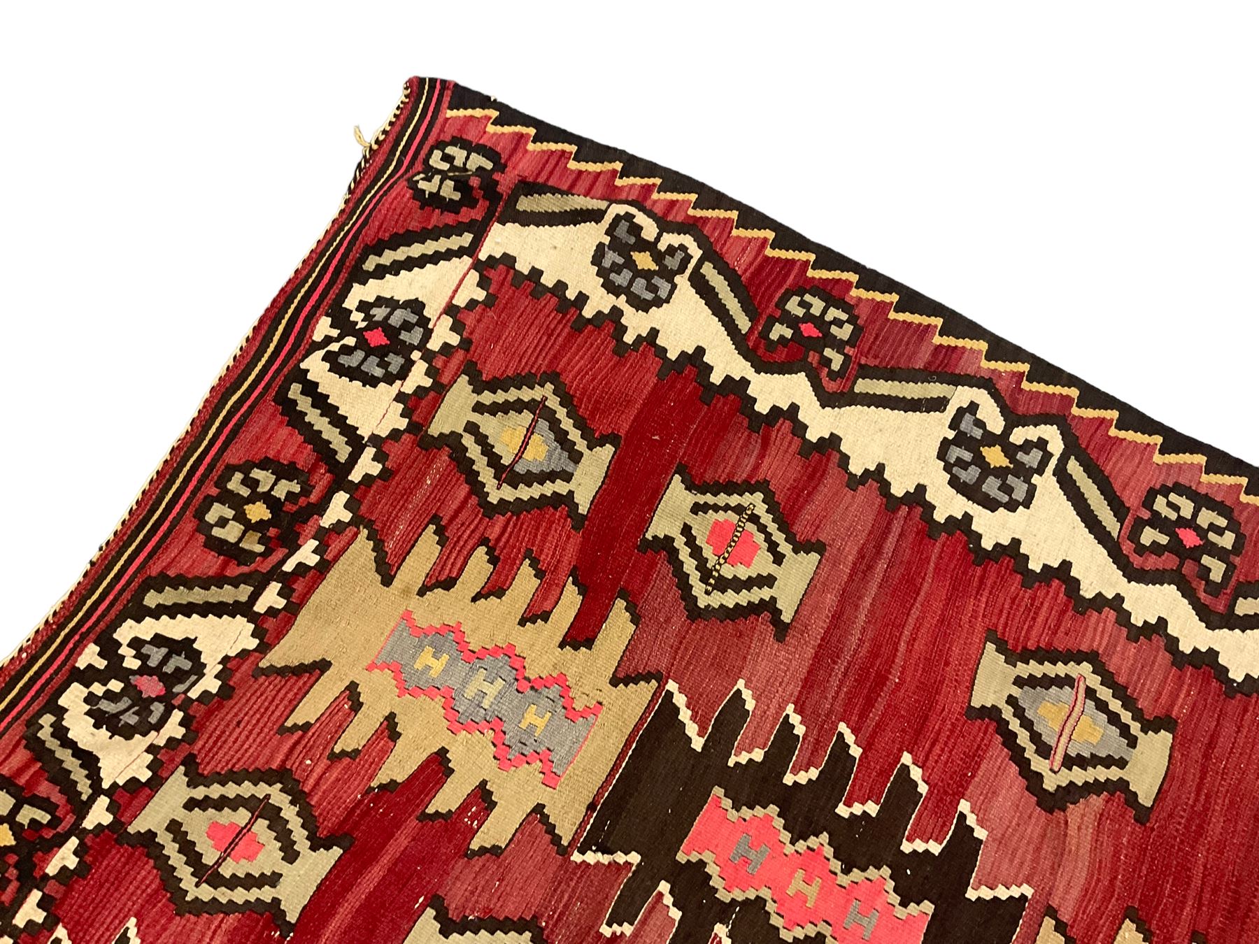 Large  red ground Kilim rug or wall hanging, decorated with geometric patterns and dated within the weave '1969'