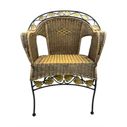 Late 20th century three-piece garden suite, wicker construction and wrought iron frame, decorated with cast metal leaf motifs, cream seat cushions and round back cushions