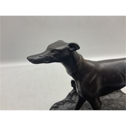 Bronze inkwell modelled in the form of a greyhound upon a naturalistic base, after Pierre-Jules Mêne, H18cm
