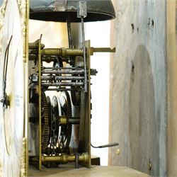 Jonas Barber of Winster (Westmoreland), provincial mid-18th century ash and oak cased 30-hour longcase clock, hood with a flat pediment, square hood door and attached pilasters, trunk with a full length shaped door on a square plinth with an applied skirt, brass dial with cast cherub spandrels, plain dial centre with date aperture and steel hands, silvered chapter ring engraved with Roman numerals, five minute Arabic's, quarter hour and minute tracks with half-hour markers, chain driven countwheel striking movement striking the hours on a bell. With weight and pendulum.
