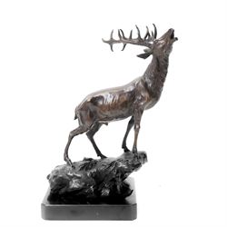 After Pierre-Jules Mêne - bronze figure of a calling stag, upon marble base, overall H35cm
