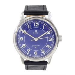 Omega Seamaster 30 gentleman's stainless steel manual wind wristwatch, Ref. 135.007-64, Cal. 286, blue dial with Arabic numerals, on black leather strap