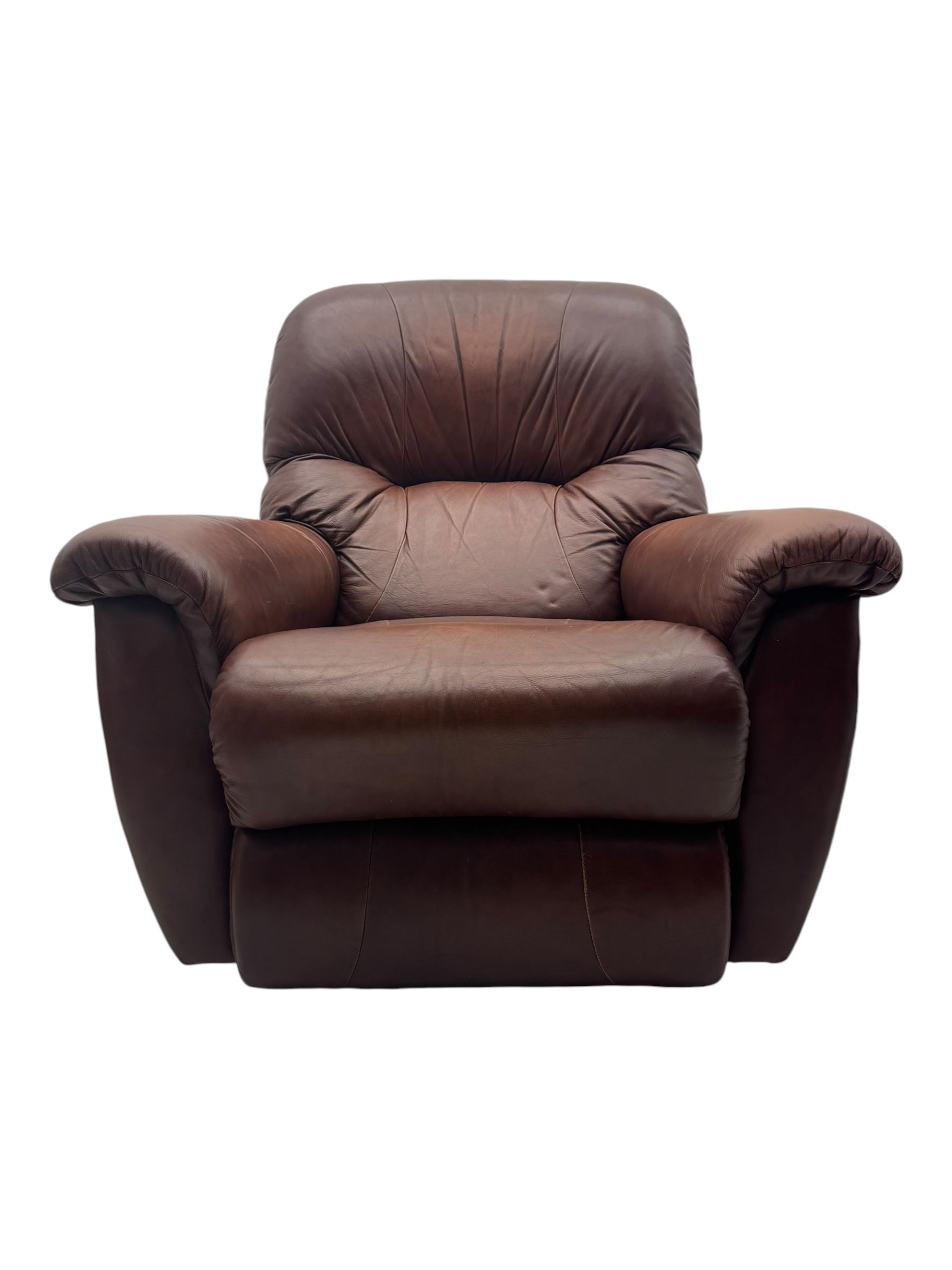 La-Z-Boy - manual reclining three piece suite - two seater sofa (W165cm, H105cm); and two armchairs (W98cm), upholstered in brown leatherette