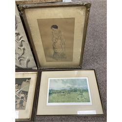 Collection of pictures to include John Carter (Northern British 1931-2007): 'Swaledale Farm - Winter', charcoal drawing; After Louis Wain (British 1860-1939): Mrs Tabitha's Cats' Academy', coloured print and J D Walker (British late 19th century): Carved Stone Detail of a Church, oil on board, variously signed titled and framed max 75cm x 56cm (8)