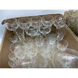 Stuart Crystal Hardwicke pattern glasses, silver mounted glass tray stamped Birmingham 1909, silver collared bottle, pukeberg of Sweden owl paperweight, decanter, mantel clock, dressing table brush set etc in three boxes