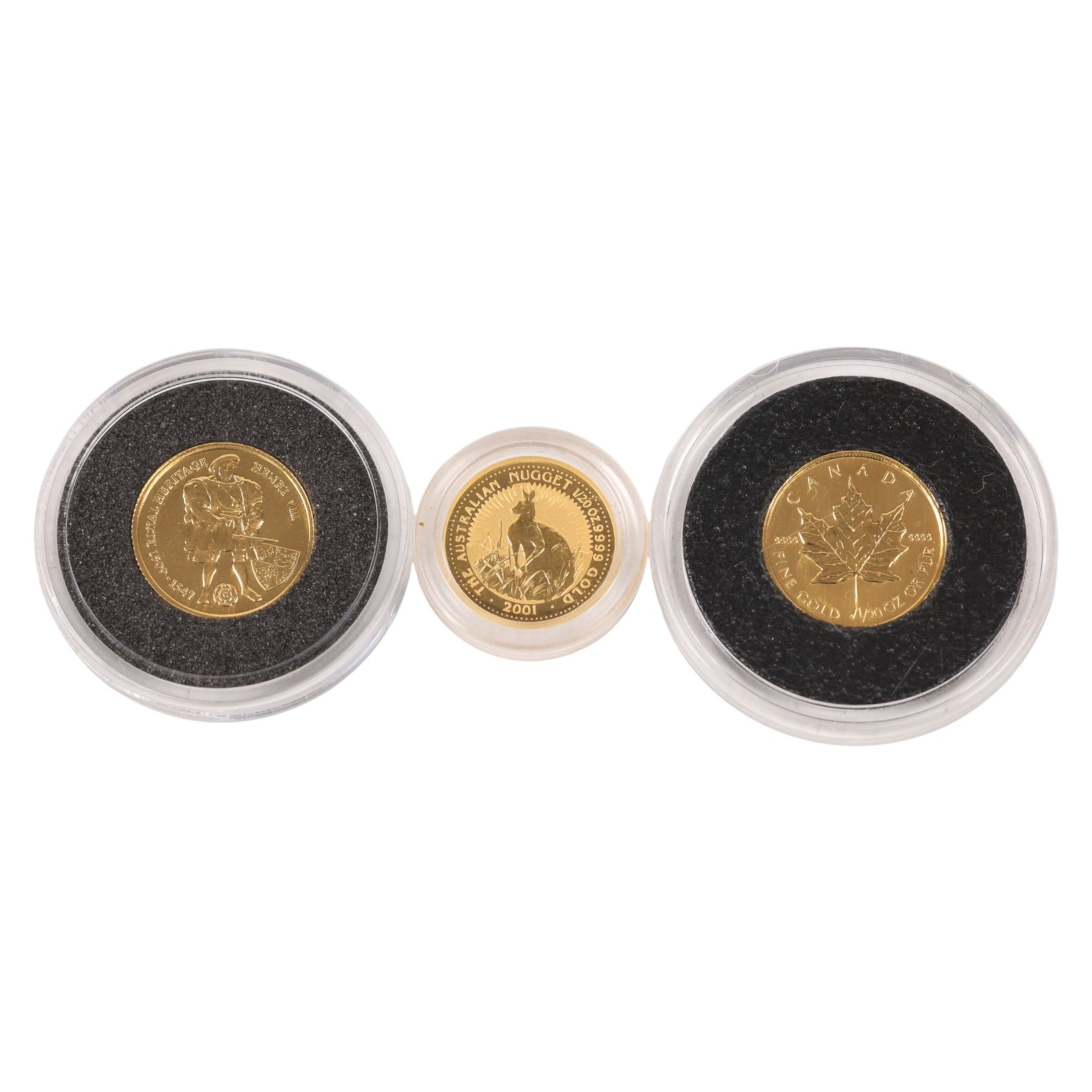 Three Queen Elizabeth II fine gold coins, comprising Australia 2001 'Kangaroo Nugget' one twentieth ounce five dollar, Falkland Islands 1997 'Henry VIII' one twenty-fifth ounce two pound, and Canada 2001 'Maple Leaf' one twentieth ounce one dollar, with certificates