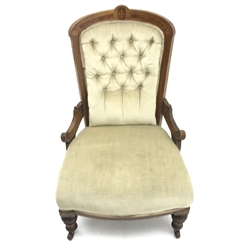 Victorian inlaid walnut nursing chair, shaped cresting rail, upholstered in deep buttoned fabric, turned supports, W58cm