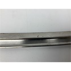 Turkish Model 1874 sword bayonet with 57.5cm curving steel fullered blade and chequered black grip, in steel mounted leather scabbard L75.5cm overall