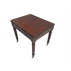 George III and later mahogany extending dining table, fold-over rectangular top with moulded edge, pull-out action base, on reeded carved turned supports with brass cups and castors