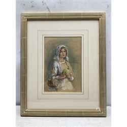 Rowland Henry Hill (Staithes Group 1873-1952): Young Girl with Primroses, watercolour heightened in white signed and dated 1927, 26cm x 17.5cm 
Provenance: exh. T B & R Jordan 'Staithes Group Exhibition', Pannett Gallery Whitby, July 2016, facsimile catalogue verso