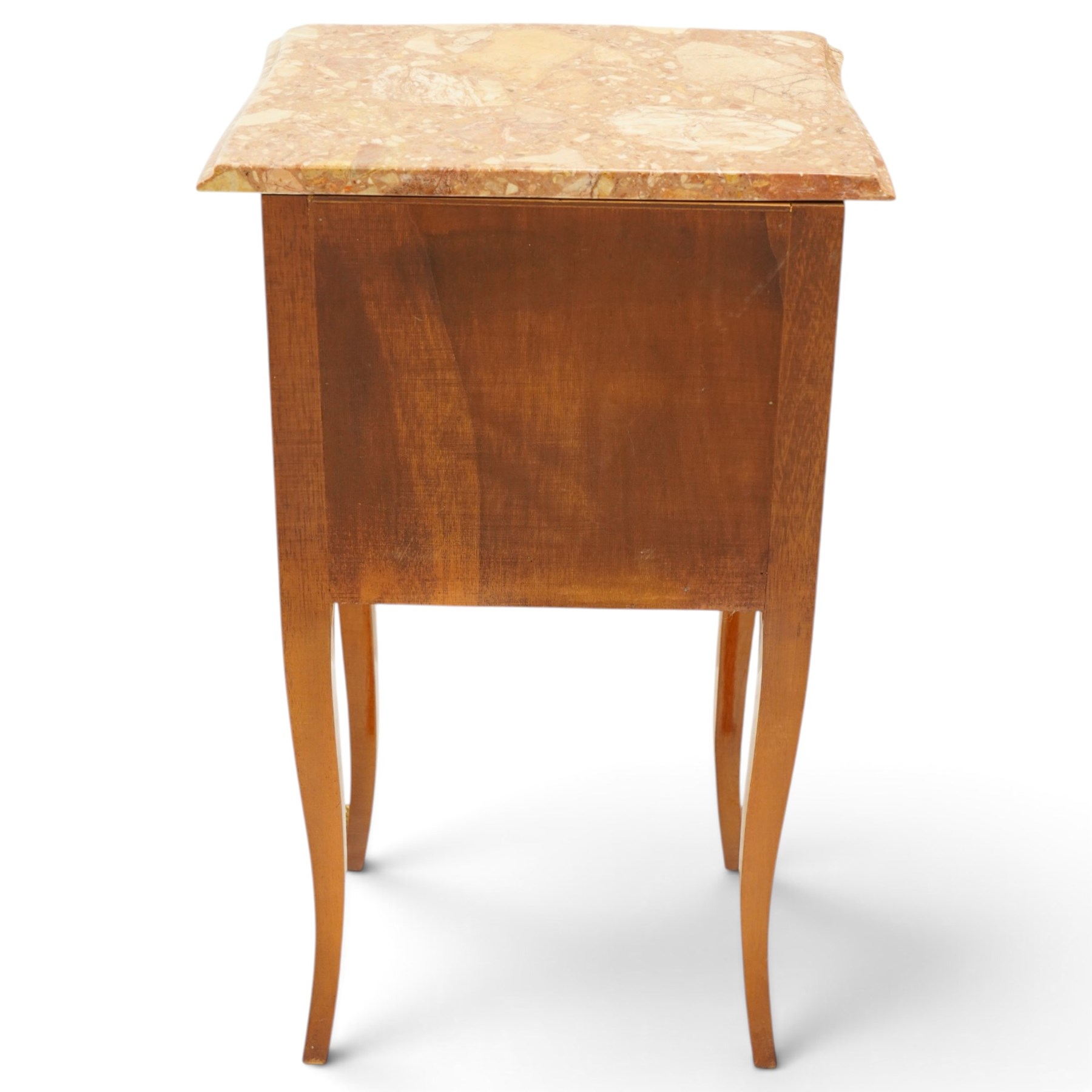Pair of French inlaid kingwood marquetry bedsides, the shaped marble top over two drawers flanked by gilt metal rocaille mounts, raised on tapering cabriole supports