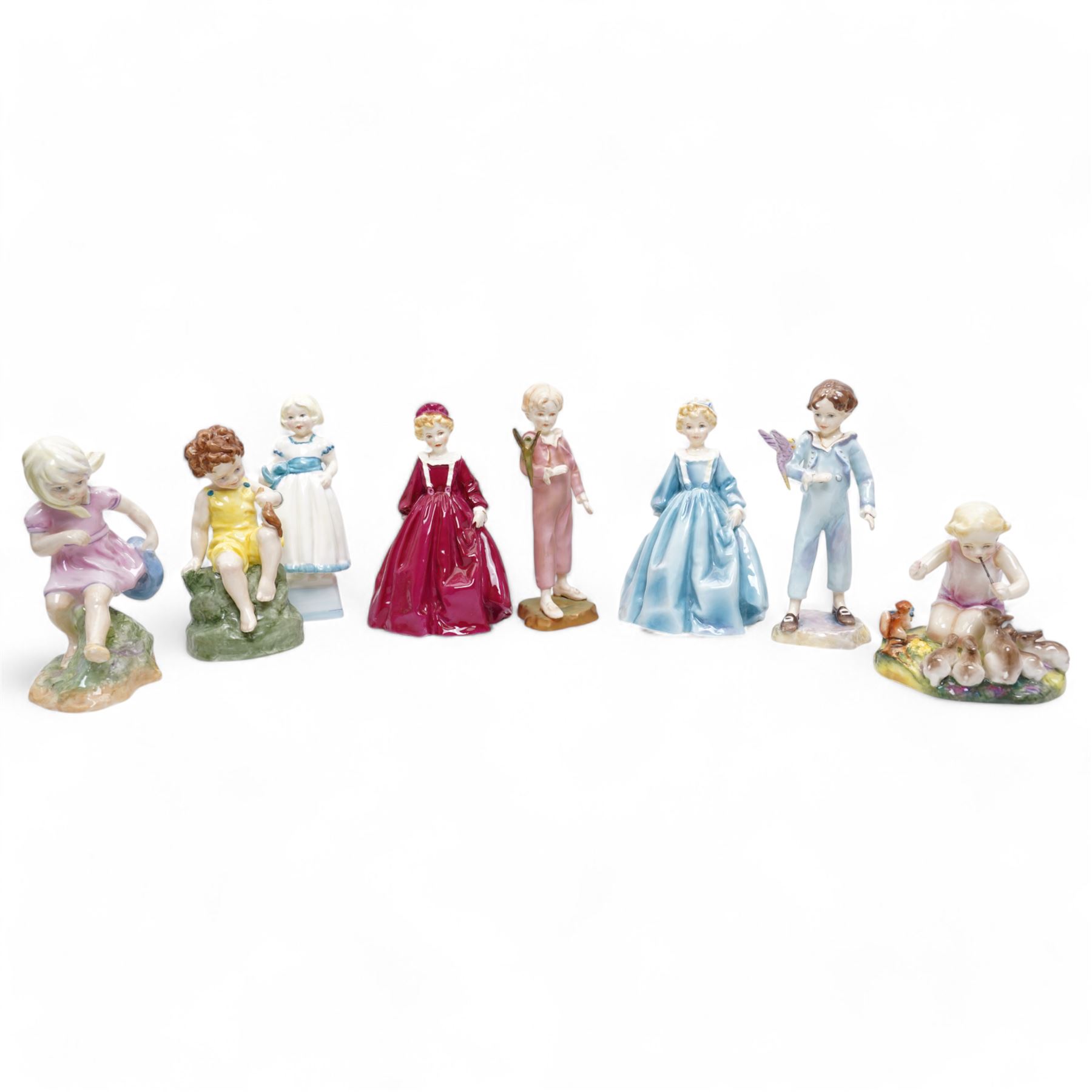 Eight Royal Worcester figures, to include 'The Parakeet' 'Monday's Child' 'Friday's Child' 'Grandmothers Dress' 'Woodland Dance' etc (8)