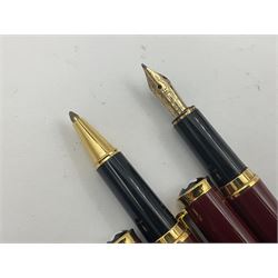 Montblanc Noblesse Oblige fountain pen, the maroon barrel and cap with gilt clip and mounts and nib stamped 585 14K/ct, together with a matching ballpoint pen, largest L14cm (2)