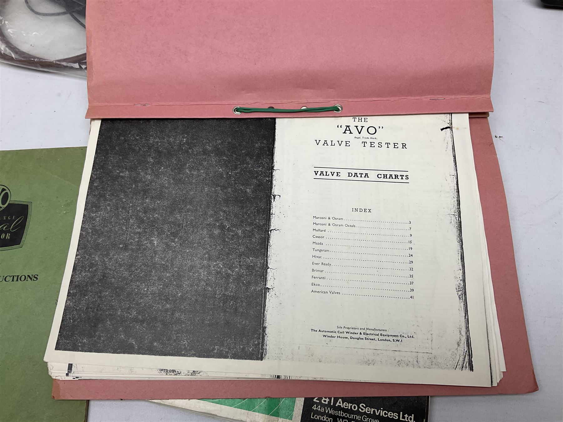 AVO valve tester, British Patent 480752 by the Automatic Coil Winder & Electrical Equipment Co Ltd, together with 16-type plug board with connecting lead, AVO wide range signal generator with original instruction manural and AVO multimeters mk2 and mk4 etc