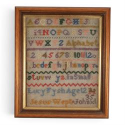 Late 19th early alphabet cross stitch sampler by E Wells age 13, together with two others 