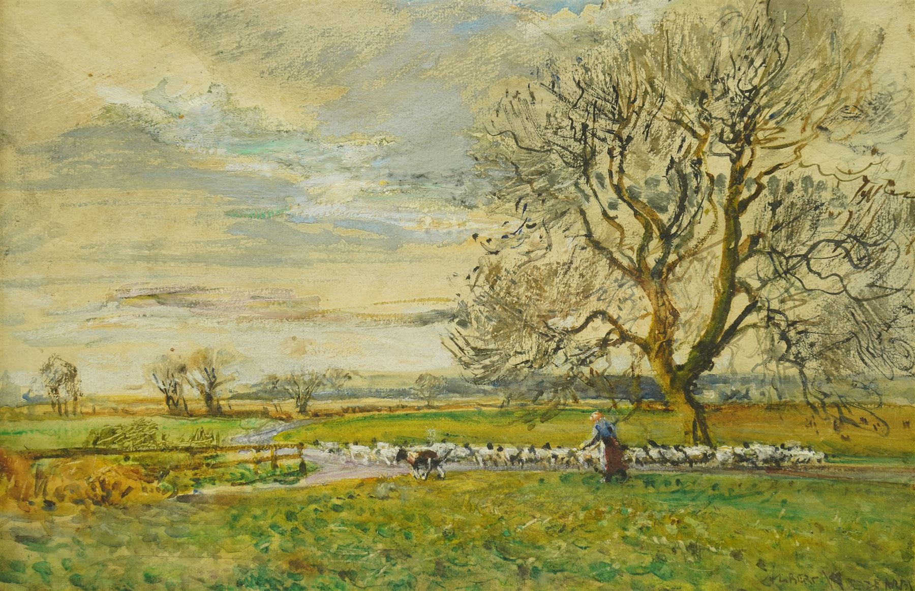 Albert Woods (British 1871-1944): Herding Sheep, watercolour signed 24cm x 36cm
