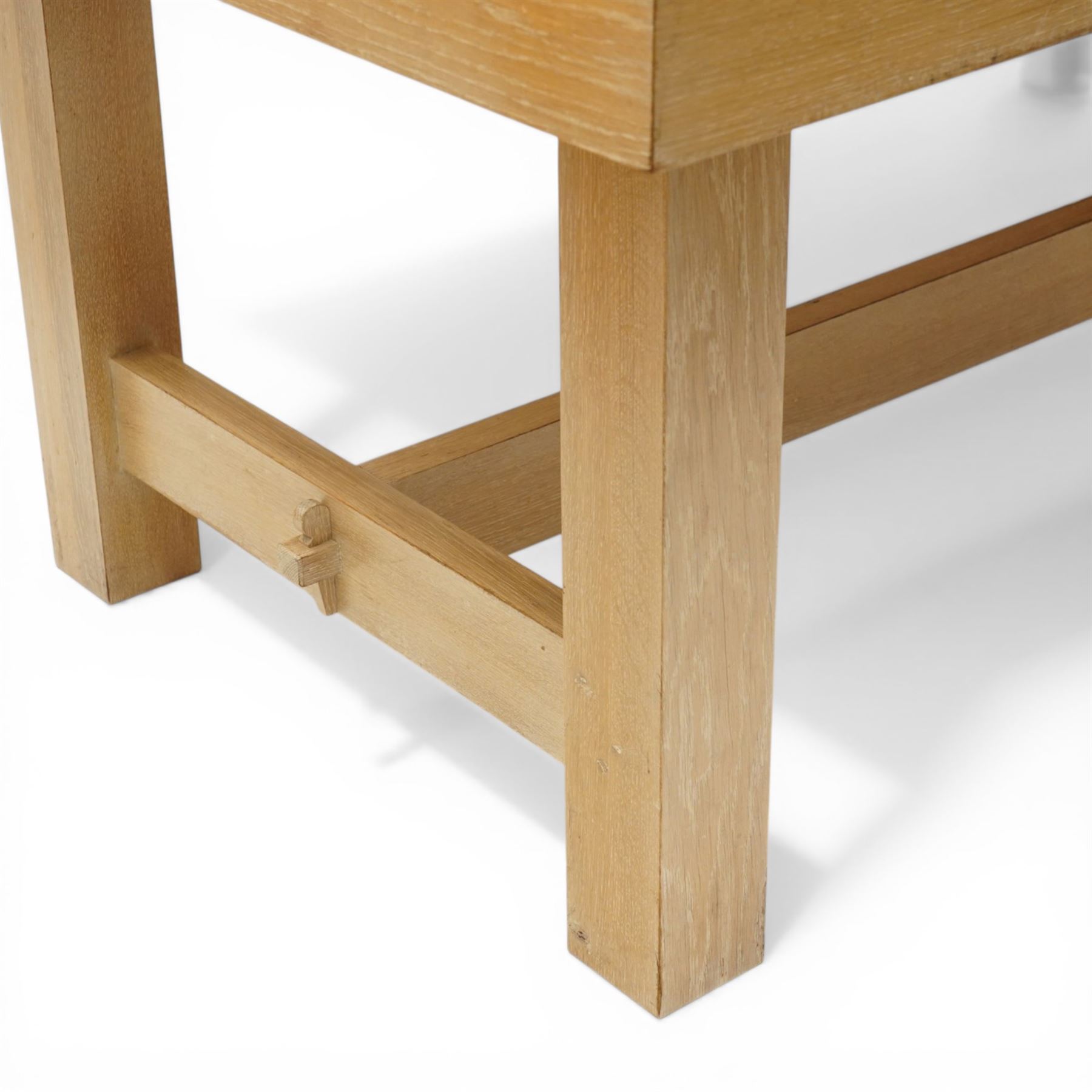 Late 20th century solid light oak refectory style dining table, rectangular top raised on square supports united by stretcher (W180cm D100cm H81cm); Set of six light oak high-back dining chairs with burgundy leather seats (W49cm H109cm)