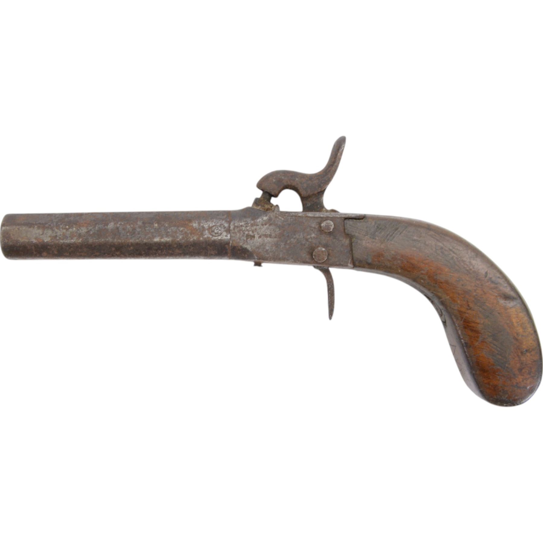 19th century percussion pistol with octagonal barrel, together with muff/ starter pistol 