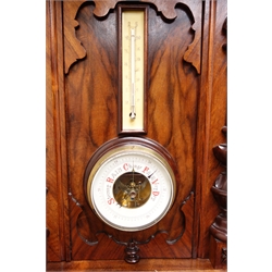  Large Victorian walnut wall clock with aneroid barometer and thermometer, cream Roman dial with subsidiary seconds, figured panel doors with half column detail, twin train Gustav Becker movement striking the hours on a coil, H117cm, W50cm, 20cm  
