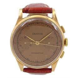 Orator gentleman's 18ct gold manual wind chronograph wristwatch, bronze dial with two registers recording minutes and continuous seconds, with Helvetia head hallmark, on red/tan leather strap