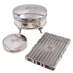 Edwardian silver card case, of rectangular form with shaped outer edge and engine turned linear decoration to body, with central monogrammed circular cartouche, H9.2cm, hallmarked Deakin & Francis Ltd, Birmingham 1903, together with a 1920s silver jewellery box, of plain oval drum form, engraved 'May' to hinged cover, opening to reveal part silk lined interior, upon four pad feet, H4.5cm, hallmarked J & R Griffin Ltd, Chester 1922 and a 1930s silver box, of circular form, engraved with monogram to hinged cover, hallmarked Barker Brothers Silver Ltd, Birmingham 1932