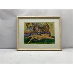 Sergie Mikhailovich Luppov (Russian 1893-1977): Reclining Female Nude with Propaganda symbols , watercolour signed and dated 32cm x 46cm 