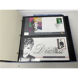 Stamps including first day covers relating to Diana Princess of Wales, small number of coin covers, Mercury 'Silk' covers, other first day covers many with printed address and special postmarks, Australia, Barbados, British Honduras, Germany, Jamaica and other World stamps, housed in albums, folders and loose, in one box