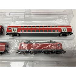 Fleischmann 'N' gauge - four-car set with double pantograph locomotive, dummy and two double decker coaches; No.825201 'Piccolo' three-piece wagon set; No.9198 'Piccolo' level crossing; No.9171 'Piccolo' points; and  No.KN35 Girder Bridge; all boxed