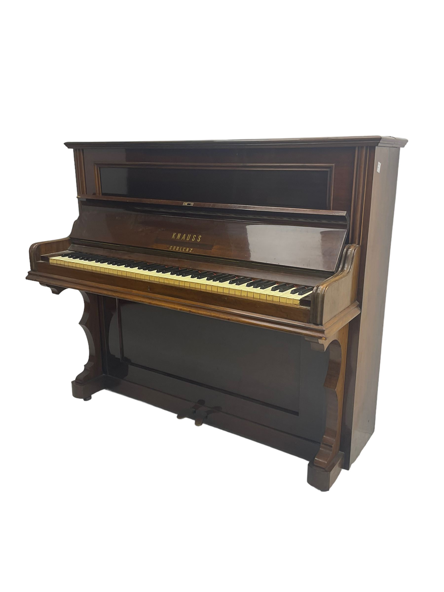 Knauss Coblenz - early 20th century rosewood cased upright piano, straight strung iron movement, simulated ivory keys