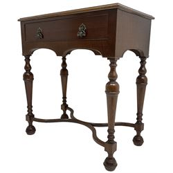 Georgian design mahogany lowboy, fitted with single cock-beaded drawer over double-arched apron, raised on turned supports united by shaped X-stretcher
