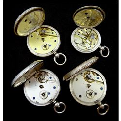 Silver half hunter key wound cylinder pocket watch, case stamped Fine silver and three other silver open face cylinder pocket watches, all with white enamel dials and Roman numerals (4)