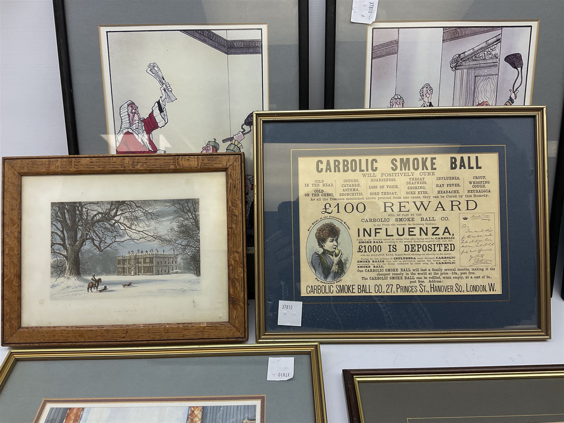 After Tony Kentuck set four courtroom cartoon prints, together with vintage reproduction of 19th Century advert, and further cartoons and prints (15)