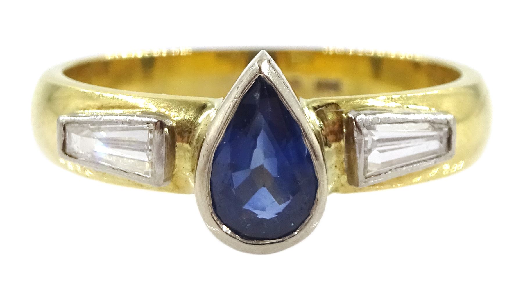 18ct gold pear shape sapphire and tapered baguette diamond ring, hallmarked