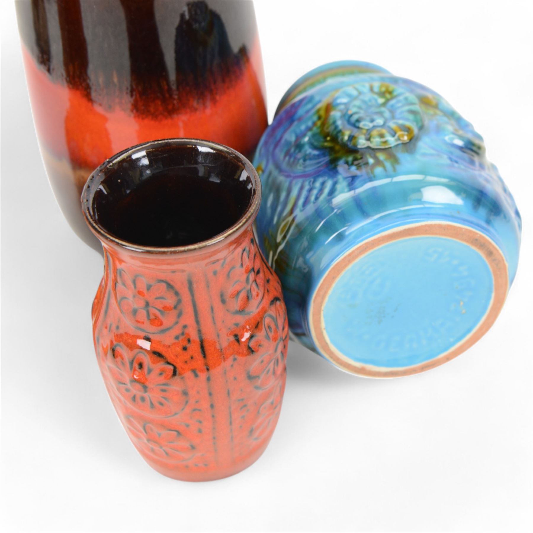 Six West German and similar vases, including lava example and orange bottle neck example, tallest H26cm