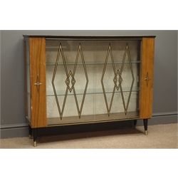  Mid 20th century display cabinet enclosed by sliding glass door with black and gold lozenge transfers, tapering supports, W113cm, H92cm, D30cm  