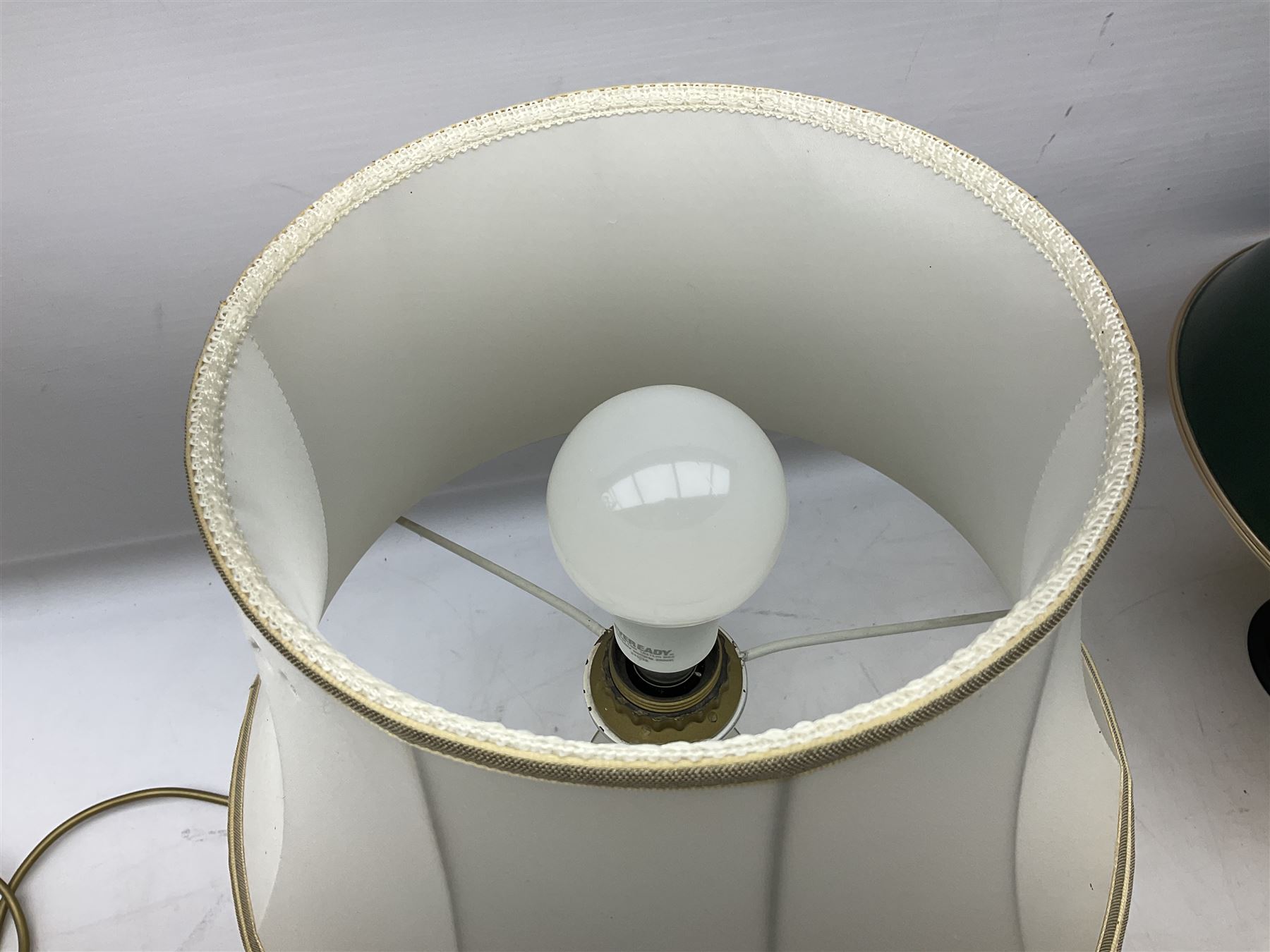 Italian ceramic table lamp decorated with geometric green and black pattern on white ground with gilt metal square plinth base, together with a green and black marbled effect lamp by Holkham pottery, both with shades, tallest H47 incl shade