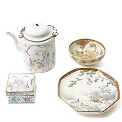 19th century Canton enamel square box and cover decorated with figures in a landscape 7.5c...