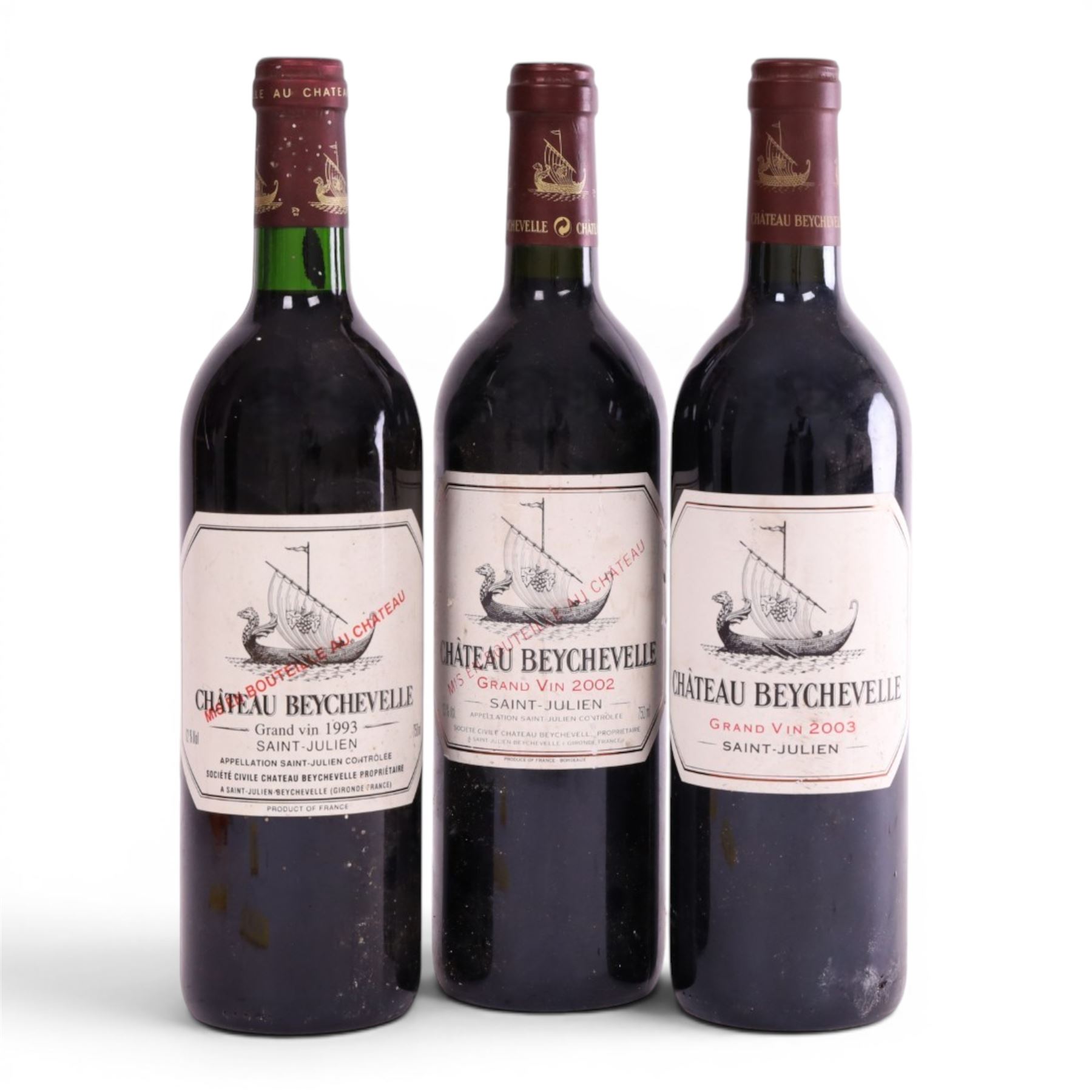 Chateau Beychevelle, 1993, 2002, 2003 Saint-Julien, five bottles, 750ml, various proof