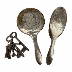 Silver hair brush stamped Birmingham 1918 and a similar dressing table handheld mirror and a quantity of antique keys