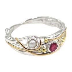 Silver 14ct gold wire ruby and pearl ring, stamped 925
